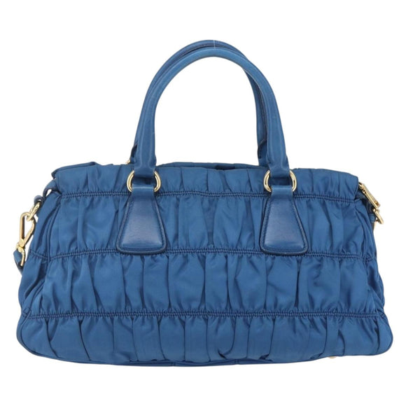 PRADA Gathered Hand Bag Nylon 2way Blue Gold Auth 154697