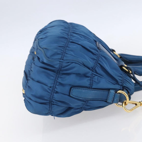 PRADA Gathered Hand Bag Nylon 2way Blue Gold Auth 154697
