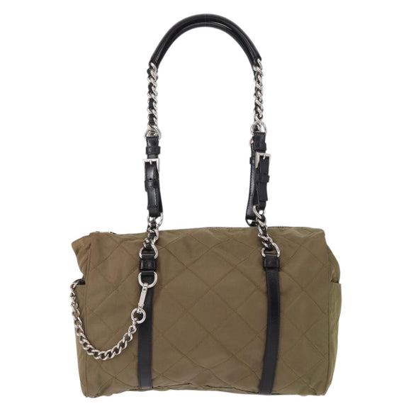 PRADA Chain Shoulder Bag Nylon Beige Silver Auth 154698