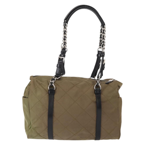 PRADA Chain Shoulder Bag Nylon Beige Silver Auth 154698