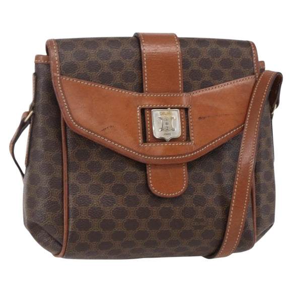 CELINE Macadam Canvas Shoulder Bag PVC Leather Brown Gold Auth 154711