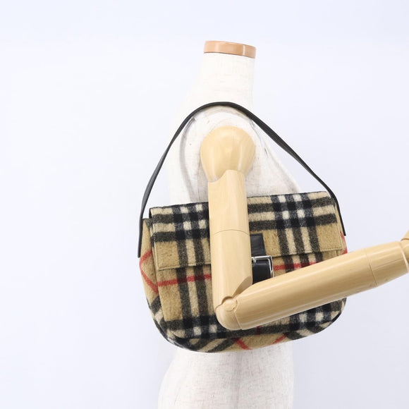 Burberrys Nova Check Shoulder Bag Wool Beige Silver Auth 154721V