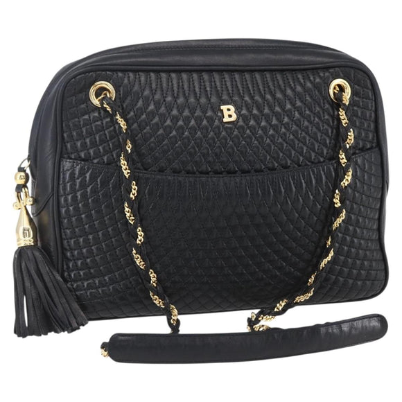BALLY Chain Shoulder Bag Leather Black Gold Auth 154725