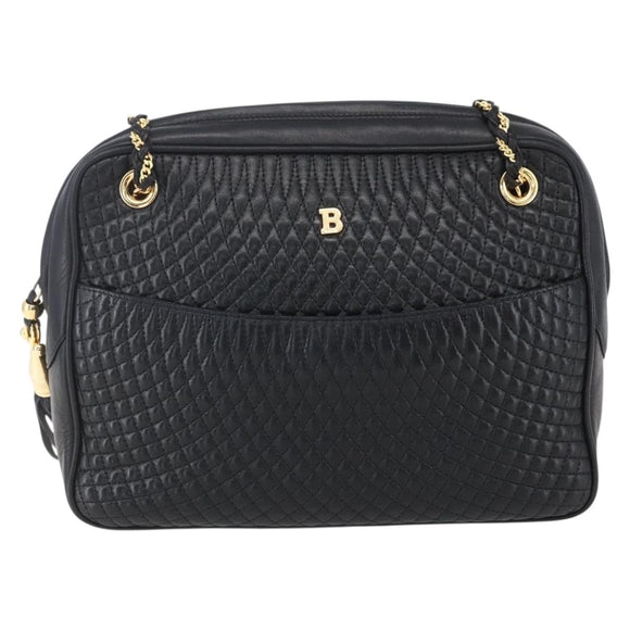 BALLY Chain Shoulder Bag Leather Black Gold Auth 154725