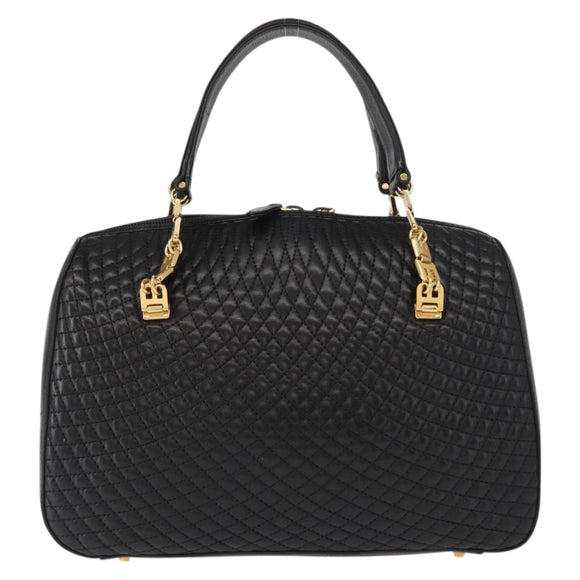 BALLY Quilted Hand Bag Leather Black Gold Auth 154728