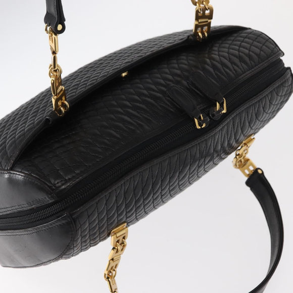 BALLY Quilted Hand Bag Leather Black Gold Auth 154728
