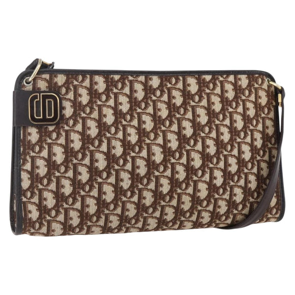 Christian Dior Trotter Canvas Shoulder Bag Brown Gold Auth 154731