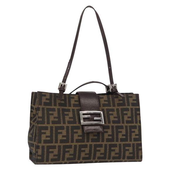 FENDI Zucca Canvas Mamma Baguette Shoulder Bag Black Brown Silver Auth 154739