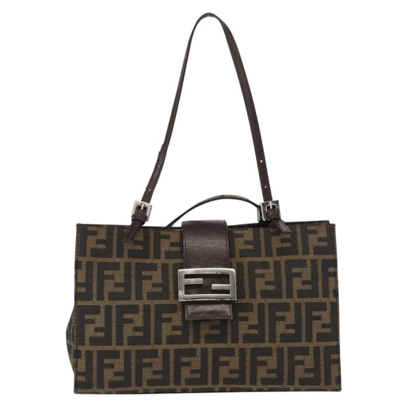 FENDI Zucca Canvas Mamma Baguette Shoulder Bag Black Brown Silver Auth 154739