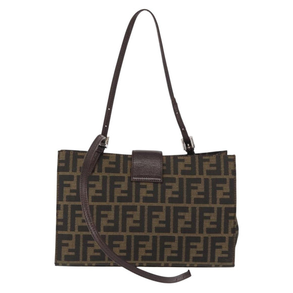 FENDI Zucca Canvas Mamma Baguette Shoulder Bag Black Brown Silver Auth 154739