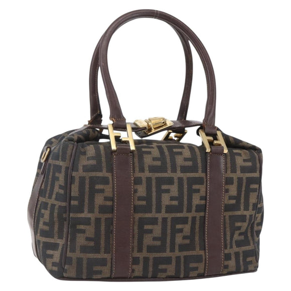 FENDI Zucca Canvas Vanity Hand Bag Black Brown gold Auth 154745