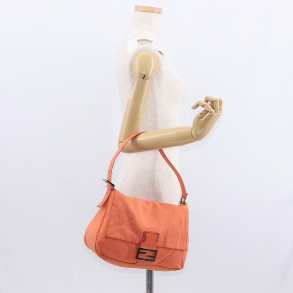 FENDI Mamma Baguette Shoulder Bag Nylon Orange Silver Auth 154746