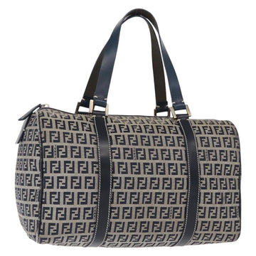 FENDI Zucchino Canvas Boston Bag Navy Silver Auth 154748