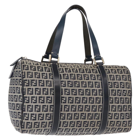 FENDI Zucchino Canvas Boston Bag Navy Silver Auth 154748