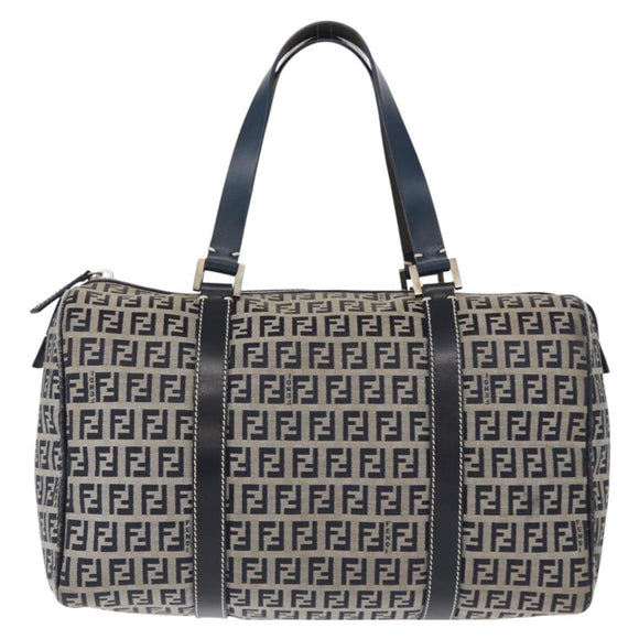 FENDI Zucchino Canvas Boston Bag Navy Silver Auth 154748