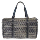 FENDI Zucchino Canvas Boston Bag Navy Silver Auth 154748-3