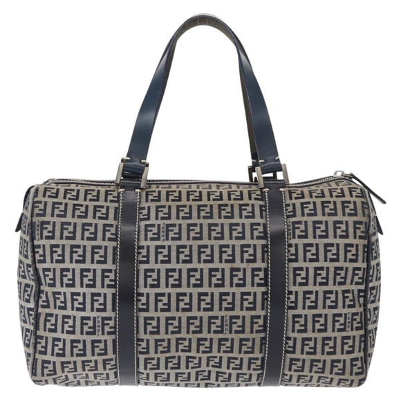 FENDI Zucchino Canvas Boston Bag Navy Silver Auth 154748