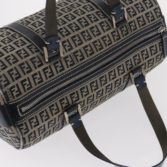 FENDI Zucchino Canvas Boston Bag Navy Silver Auth 154748