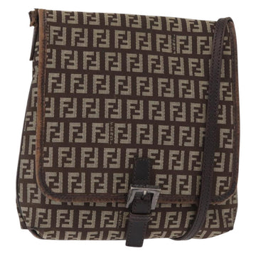 FENDI Zucchino Canvas Shoulder Bag Brown Silver Auth 154749