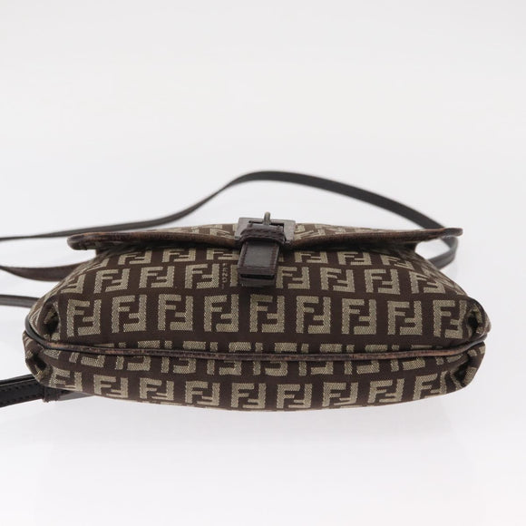 FENDI Zucchino Canvas Shoulder Bag Brown Silver Auth 154749