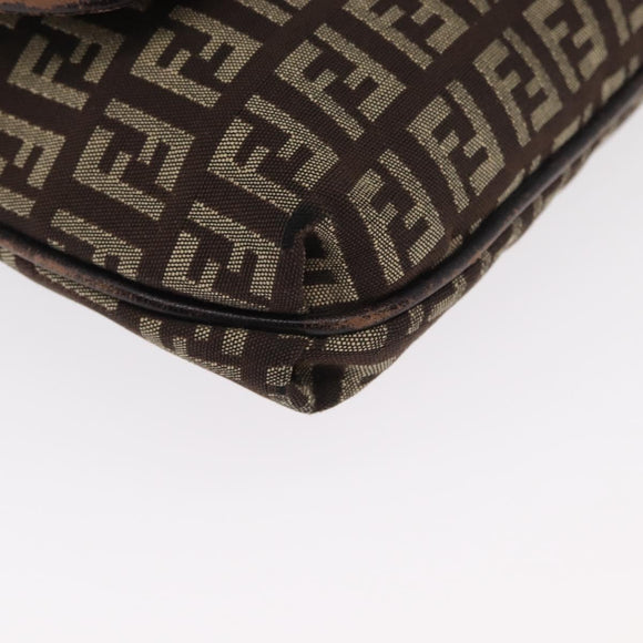 FENDI Zucchino Canvas Shoulder Bag Brown Silver Auth 154749