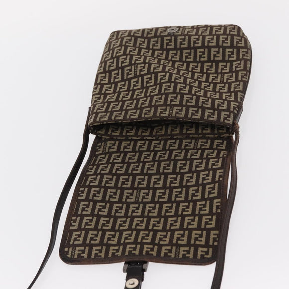 FENDI Zucchino Canvas Shoulder Bag Brown Silver Auth 154749
