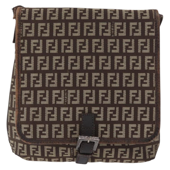 FENDI Zucchino Canvas Shoulder Bag Brown Silver Auth 154749