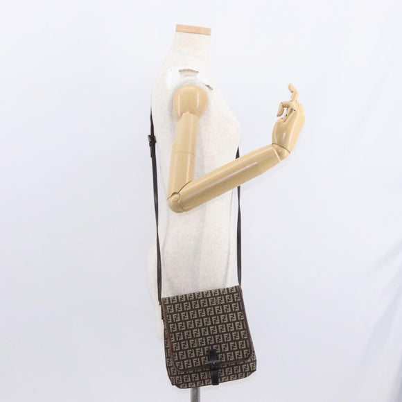FENDI Zucchino Canvas Shoulder Bag Brown Silver Auth 154749