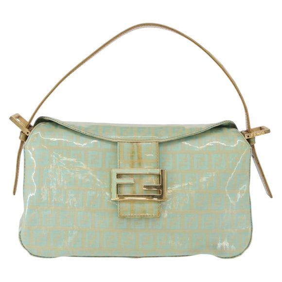 FENDI Zucchino Canvas Mamma Baguette Bag PVC Gold Light Green Auth 154750