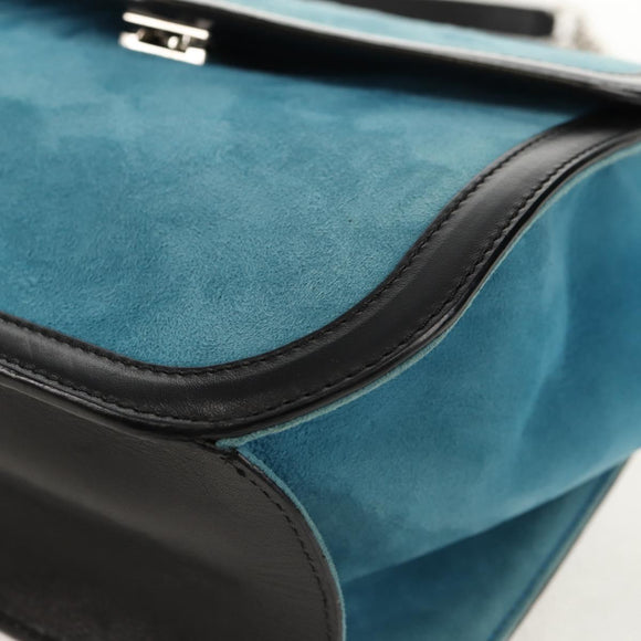 LOEWE V Anagram Chain Shoulder Bag Suede Leather 2way Blue Silver Auth 154755A