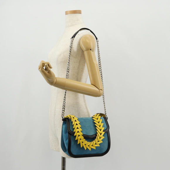 LOEWE V Anagram Chain Shoulder Bag Suede Leather 2way Blue Silver Auth 154755A