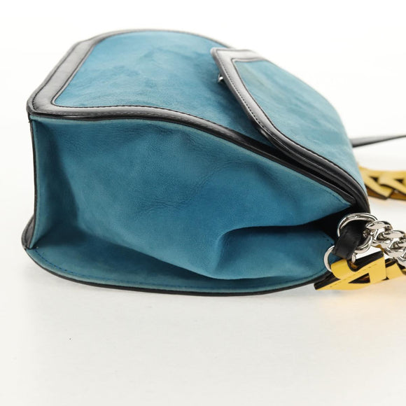 LOEWE V Anagram Chain Shoulder Bag Suede Leather 2way Blue Silver Auth 154755A