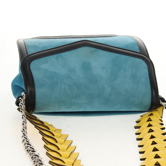 LOEWE V Anagram Chain Shoulder Bag Suede Leather 2way Blue Silver Auth 154755A