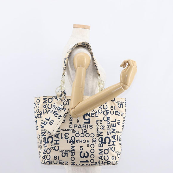 CHANEL Bysy line Tote Bag Canvas Plastic Navy Clear CC Auth 154763