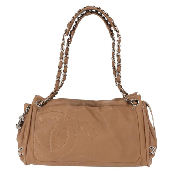 CHANEL COCO Mark Chain Shoulder Bag Lamb Skin Beige Silver CC Auth 154764