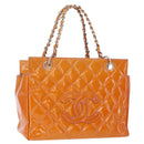 CHANEL Matelasse COCO Mark Chain Bag Patent Leather Orange Silver CC Auth 154766-1