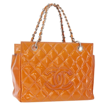 CHANEL Matelasse COCO Mark Chain Bag Patent Leather Orange Silver CC Auth 154766