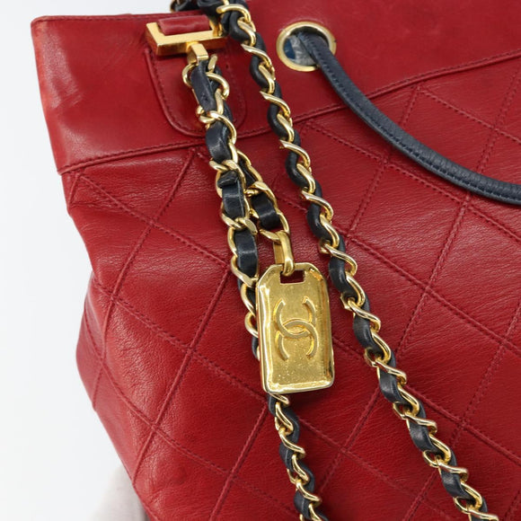 CHANEL Bicolore Chain Shoulder Bag Lamb Skin Red Gold CC Auth 154767