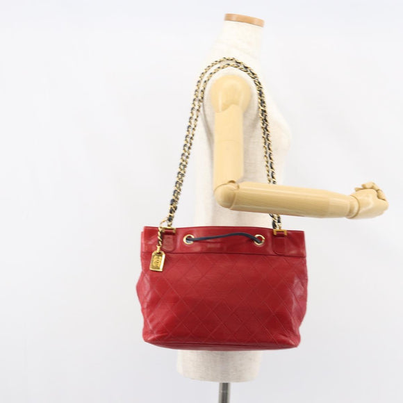 CHANEL Bicolore Chain Shoulder Bag Lamb Skin Red Gold CC Auth 154767