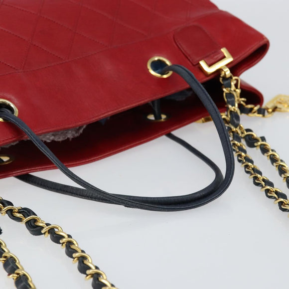 CHANEL Bicolore Chain Shoulder Bag Lamb Skin Red Gold CC Auth 154767
