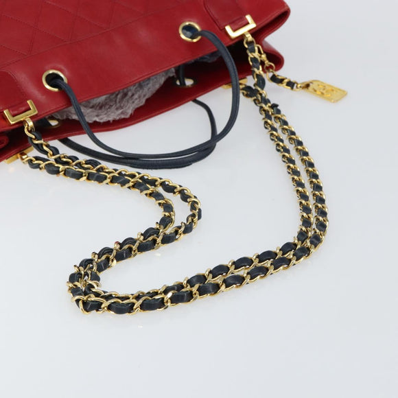 CHANEL Bicolore Chain Shoulder Bag Lamb Skin Red Gold CC Auth 154767