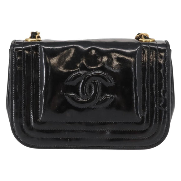 CHANEL COCO Mark Chain Shoulder Bag Enamel Black Gold CC Auth 154768