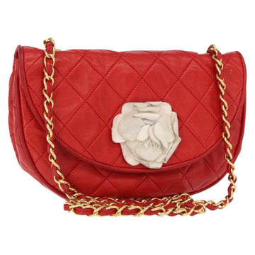 CHANEL Matelasse Camellia Chain Shoulder Bag Lamb Skin Red Gold CC Auth 154769