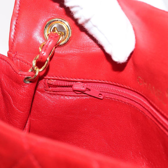 CHANEL Matelasse Camellia Chain Shoulder Bag Lamb Skin Red Gold CC Auth 154769