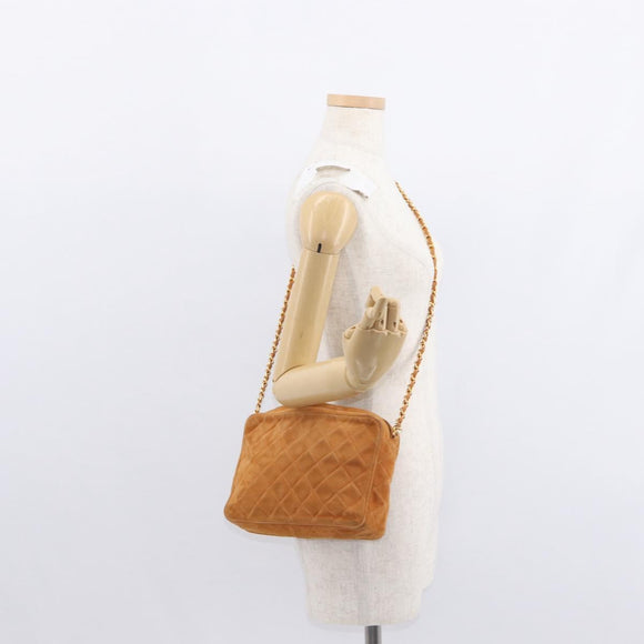 CHANEL Matelasse Chain Shoulder Bag Suede Beige gold CC Auth 154770
