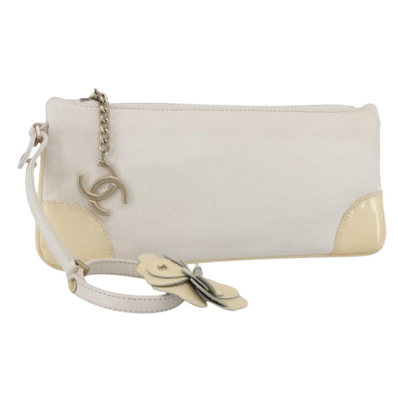 CHANEL Camelia Pouch Leather Ivory Gold CC Auth 154902
