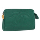 CHANEL COCO Mark Pouch Caviar Skin Green Gold CC Auth 154903-1