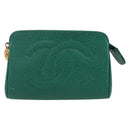 CHANEL COCO Mark Pouch Caviar Skin Green Gold CC Auth 154903-13