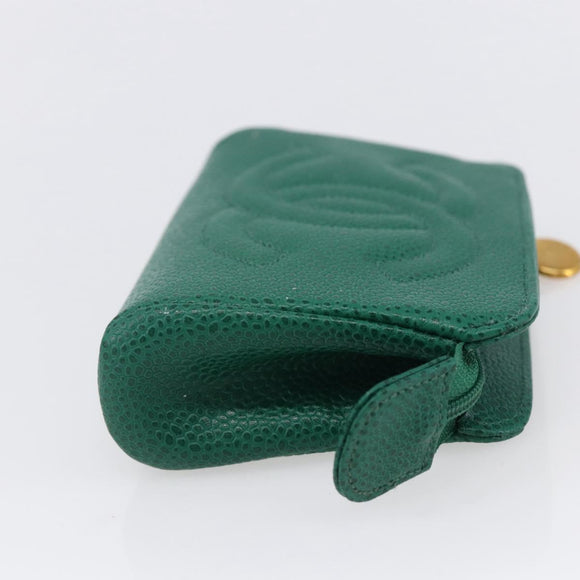 CHANEL COCO Mark Pouch Caviar Skin Green Gold CC Auth 154903