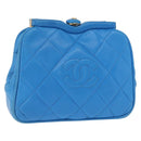 CHANEL Matelasse COCO Mark Pouch Lamb Skin Blue Gold CC Auth 154906-1